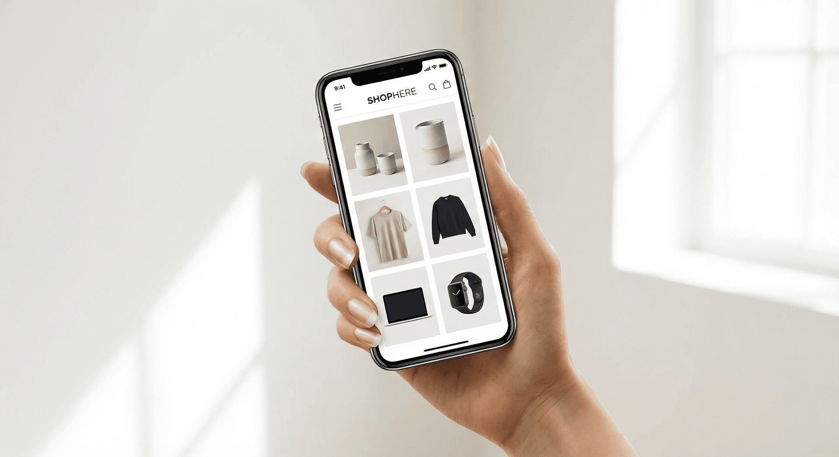 Person holding smartphone with creator store - ecommerce product listings